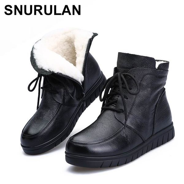 

snurulan 2019 winter warm women shoes women ankle boots genuine leather flat winter boots lace-up, Black