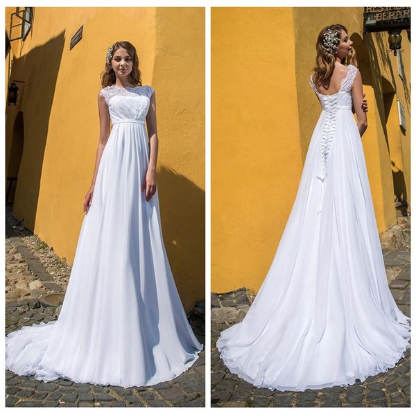 2019 Bohemian Wedding Dresses Jewel Neck Sleeveless Sweep Train