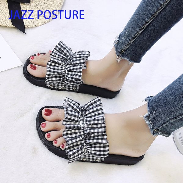 

summer fashion flat land sandals fish mouth striped plaid ruffled comfortable slippers beach sandals white black y179