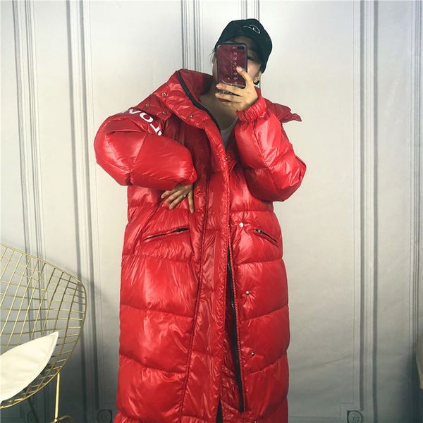 

90% white duck down jacket women winter bright face down coat women harajuku bread parka thicken warm long jacket loose overcoat, Black