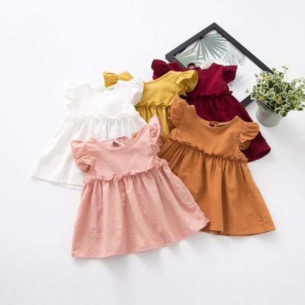 

2019ins style children's wear small and medium-sized female baby girls cotton fly sleeve dress pure color fold dress, Red;yellow
