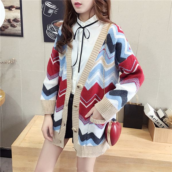 

chrleisure bohemian style cardigan women stripe splicing women's knitted sweater loose cute jacket, White