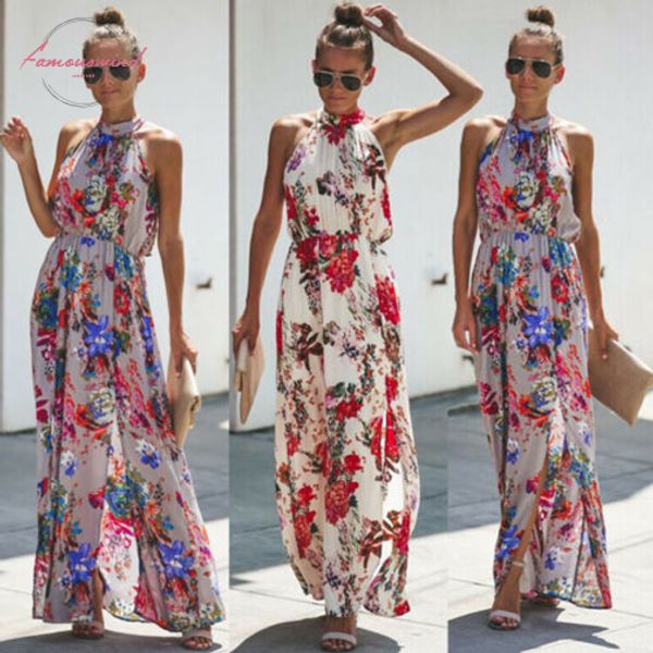 

womens boho lange maxi jurk lady avond party beach dress zonnejurk bloemen mouwloze bohemian dresses lange jurk, Black;gray