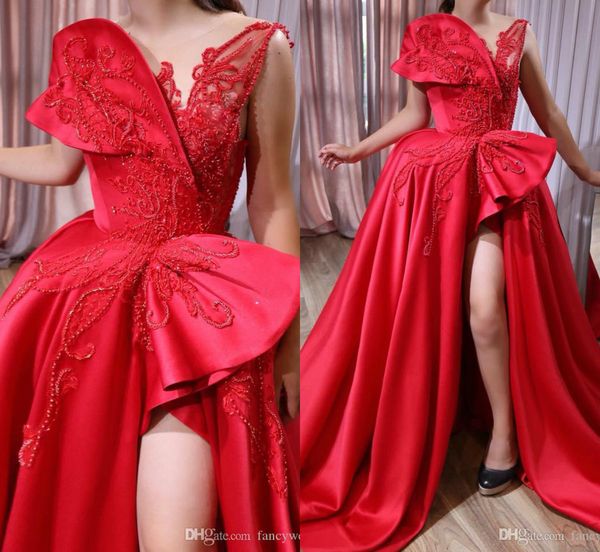 

red beaded arabic 2019 evening dresses sheer neck high split prom dress satin formal party gowns girls pageant dress, Black