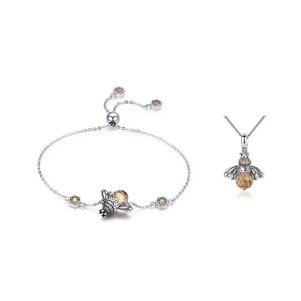 

2 pcs women jewelry: 1 pcs dancing honey bee chain link crystal big stone bracelet & 1 bee animal pendants necklace, Silver