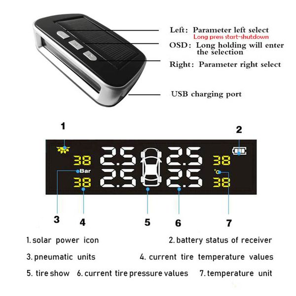 

solar tpms car tire pressure alarm monitor system display 4 external / internal sensor