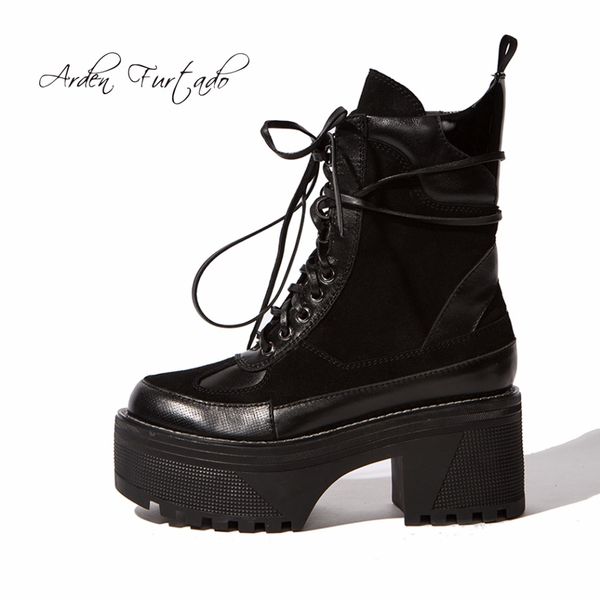 

arden furtado 2019 genuine cow leather fashion shoes for woman lace up platform square heel casual ankle boots short plush boots, Black