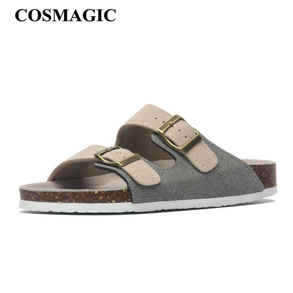 

cosmagic к 2020 году новых летних женщин пробки тапочки свободного покроя пляж двойной пряжки нескользящей снаружи натуральная кожа скольжен, Black