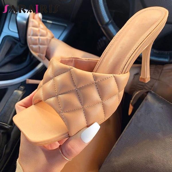

sarairis 2020 cool heeled slippers new brand designer summer high thin heels slides women fashion luxury sewing shoes woman, Black