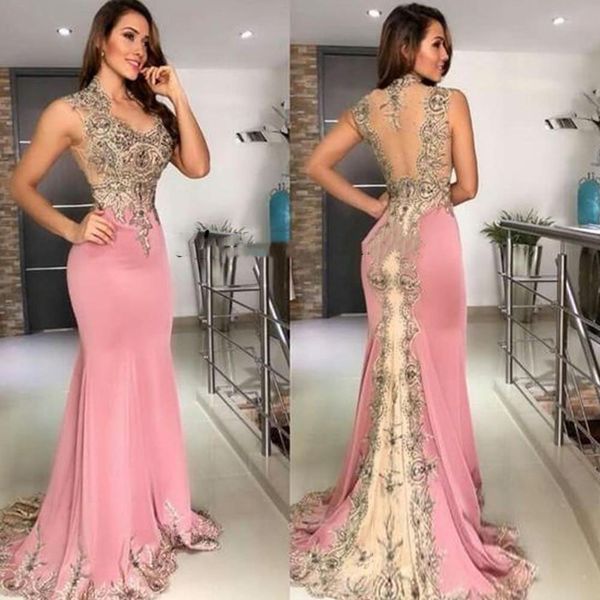 

2020 pink mermaid evening dresses wear v neck lace appliques crystal beaded sleeveless sheer back formal prom dress party gowns, Black;red