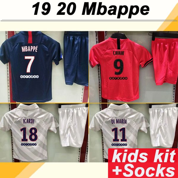 

19 20 mbappe icardi kids kit soccer jerseys cavani matuidi home away child football shirts di maria verratti draxler short sleeves uniforms, Black