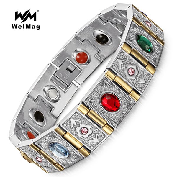 

welmag fashion germanium bracelet & bangles stainless steel men women magnetic bracelet magnetotherapy negative ion jewelry, Golden;silver
