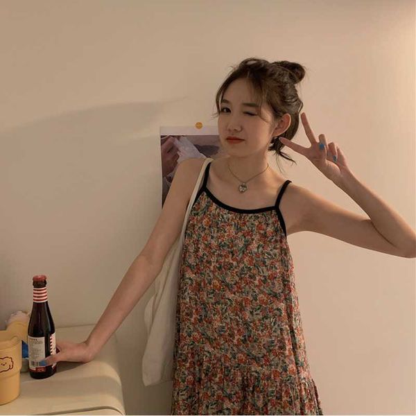

women summer dresses vintage one-piece sleeveless spaghetti strap floral print high waist loose dress for student 2020, Black;gray