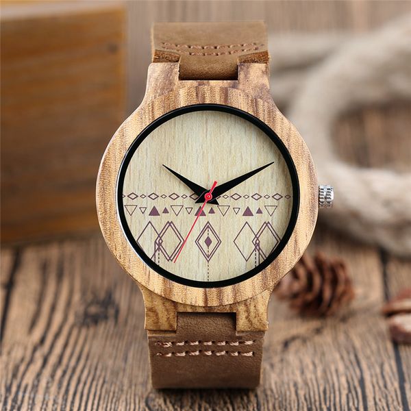 

casual wristwatch rhombus geometric design bamboo nature wood watch brown leather band men quartz wrist watch, Slivery;brown
