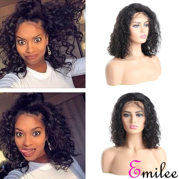 

emilee curly bob wig lace front human virgin hair wigs for women brazilian remy curly wave wig 14 inch, Black;brown
