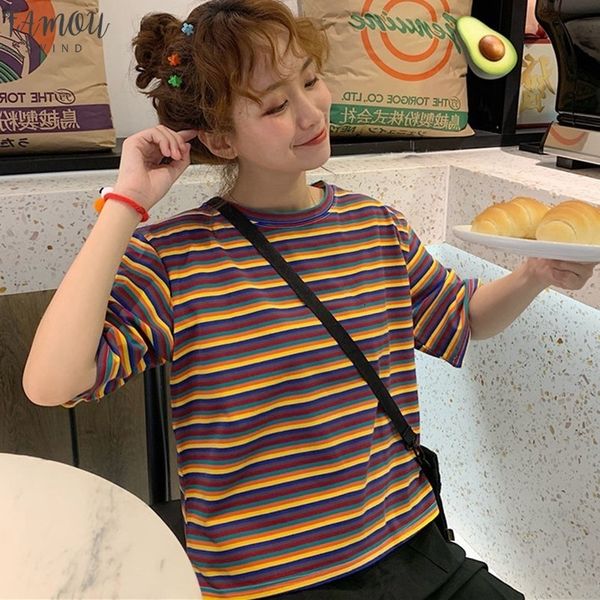 

harajuku loose women short sleeve t shirts womens bf striped fashion female t shirt females korean style casual students top, White