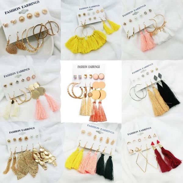 

european and american cross-border new bohemian tassel earrings set red black crystal pearl earrings fashion jewelry, Golden;silver
