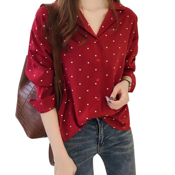 

new new arrival women casual o-neck long sleeves blouses spring autumn chiffon polka dots shirt h9, White