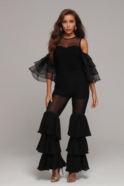 

высокое качество женщины лето сексуальная o образным вырезом с коротким рукавом каскадные оборки черный хлопок комбинезон 2020 мода женские, Black;white