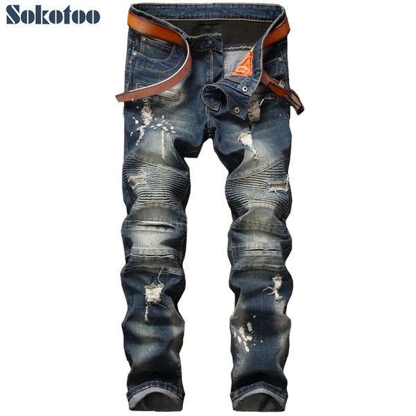 

sokotoo men's holes ripped biker jeans for motorcycle casual slim straight patchwork distressed torn denim pants, Blue