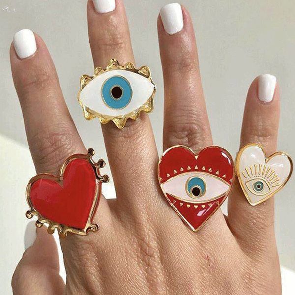 

aomu lovely exaggerated eyes heart rings for women jewelry fashion statement rings opening adjustable party accessories, Golden;silver