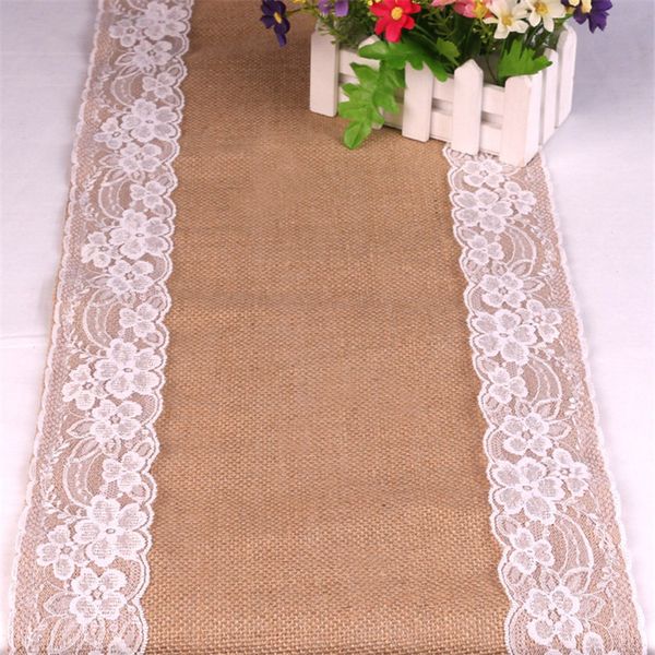 

30*275cm vintage white lace burlap table runner jute hessian tablecloth birthday event party supplies wedding decoration 62556
