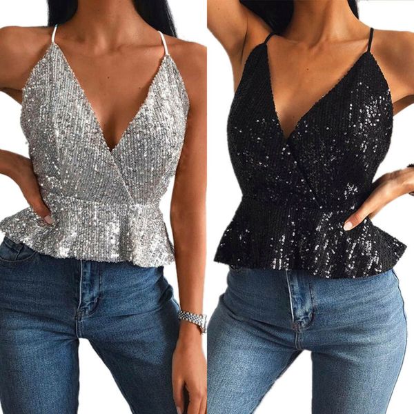 

Womens Sleeveless Strappy Vest V Neck Sequin Cami Backless Sexy Swing Tank Tops