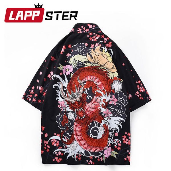 

lappster dropshipping streetwear kimono cardigan summer for men 2019 mens kimono shirts dragon hip hop korean clothes, White;black