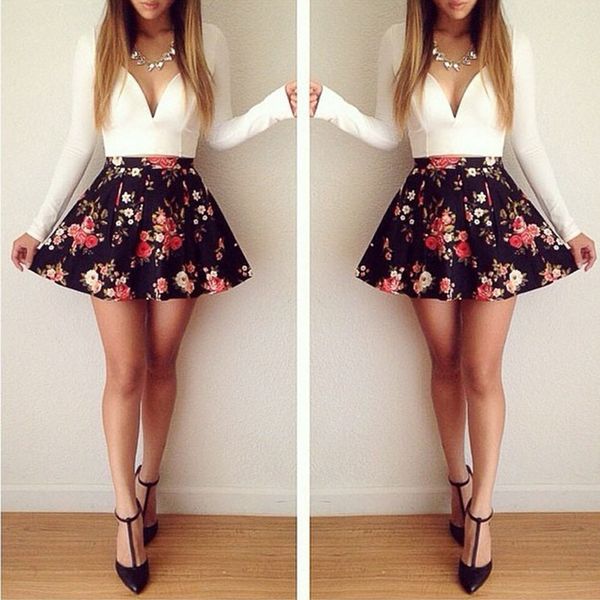 

high waist printed mini a-line skirt + deep v neck white short blouse summer women 2 pieces skirts sets beach sets, White;black