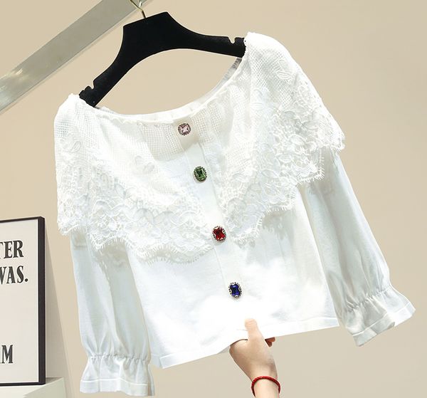 

one-line collar lace white shirt female retro hong kong taste design niche shirt female new 2020 wear all-match women femme