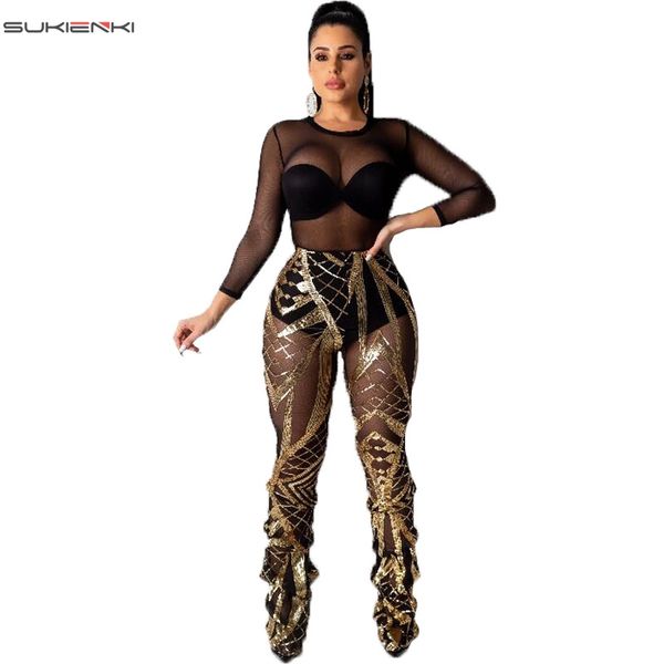 

women long pants see through mesh gold sequin mid waist long capris for female night club party bodycon pencil trousers, Black;white