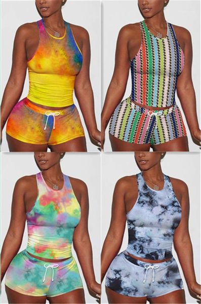 

suits women tie dyed summer tracksuits casual sleeveless drawstring two piece shorts 20ss new women tank, Gray