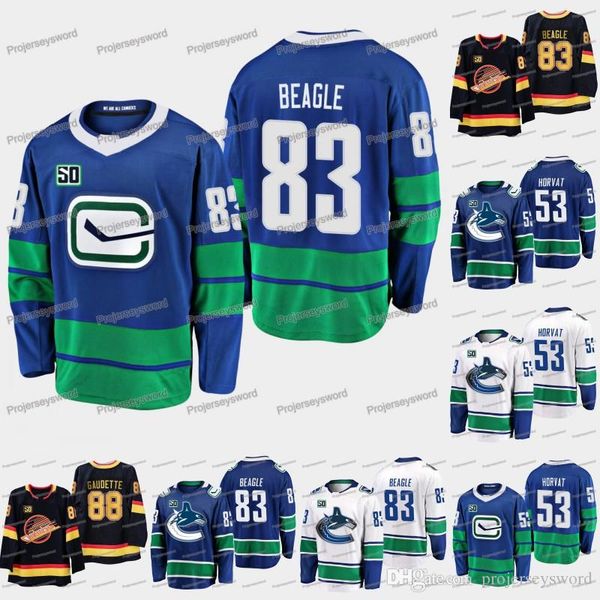 

Mens Vancouver Canucks 50th Anniversary 53 Bo Horvat 57 Tyler Myers 70 Tanner Pearson 77 Nikolay Goldobin 83 Jay Beagle Hockey Jerseys