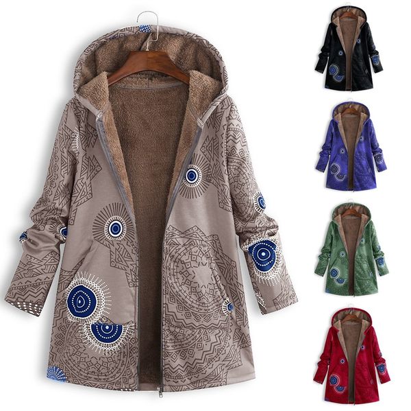 

womens winter fashion warm outwear floral print hooded pockets vintage oversize coats w909, Black