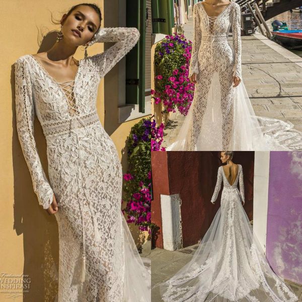 

pinella passaro 2019 mermaid wedding dresses v neck lace bridal gowns backless a line long sleeves boho wedding dress, White