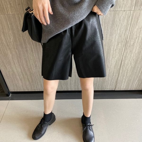 

mooirue autumn women shorts streetwear high waist pu black clothes wide leg high waist women pantalon bottom, White;black