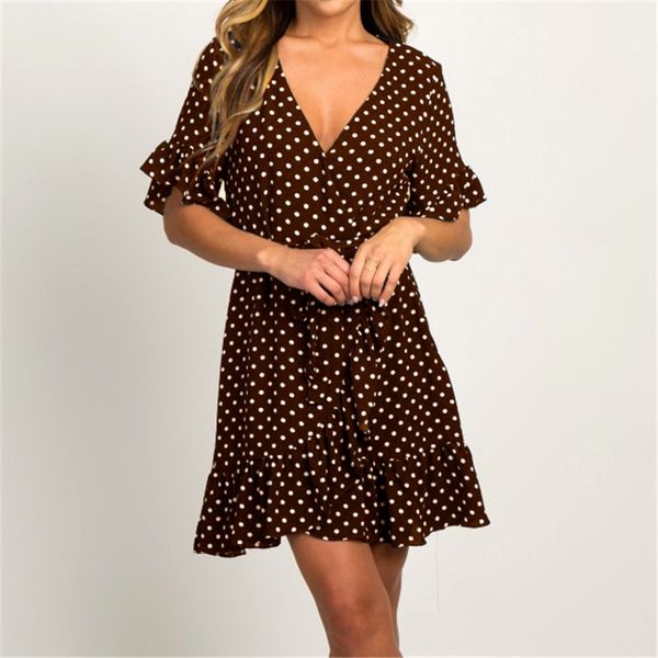

februaryfrost летняя мода v-образным вырезом горошек платье 2020 boho beach dress с коротким рукавом a-line party dress сарафан vestidos, Black;gray