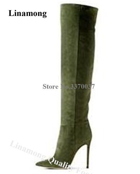 

brand women pointed toe suede leather knee high stiletto heel boots army green long high heel boots dress heels, Black