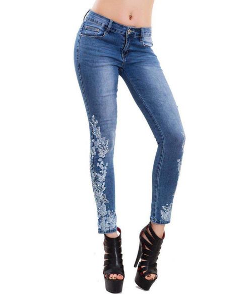 

sovalro plus size women sheath jeans high waist female pencil pants embroidered skinny feminino trousers jeans slim legs pants, Blue
