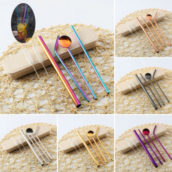 

set of 4 stainless steel metal drinking straw reusable straws washable+ 2 brush kitchen bar accessories