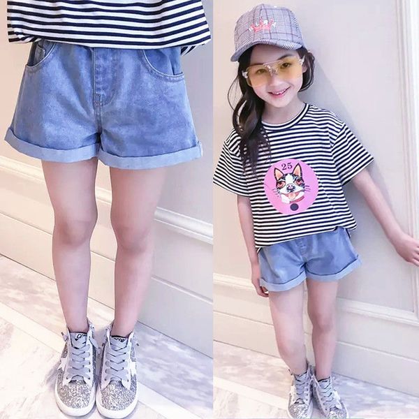 

girl summer shorts demin fabric short pants elastic waist short trousers girl jeans fit for height 110cm to 160 cm shorts, Black
