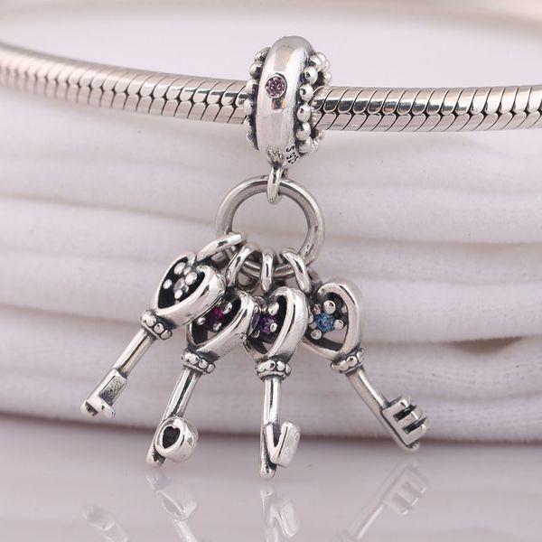 

925 sterling silver pendant diy jewelry keys of love dangle charm fit lady bracelet bangle multi-colored crystals
