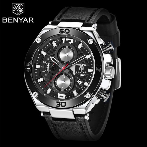 

benyar watch men analog chronograph quartz wrist watch leather band wristwatch auto date, Slivery;brown