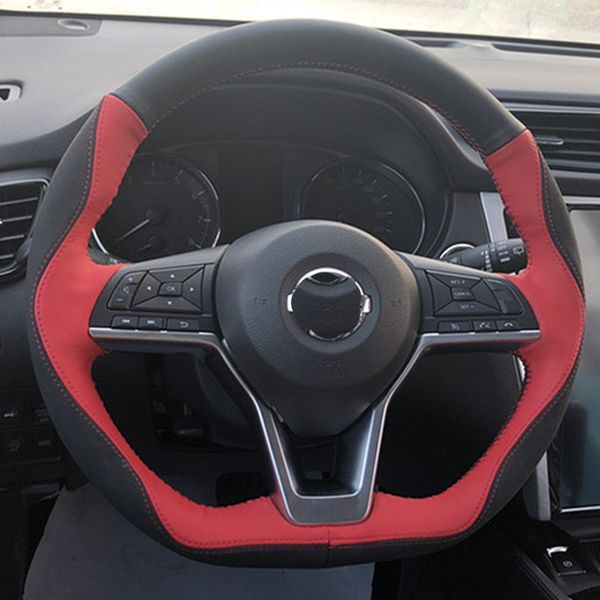 

layer leather+micro fiber leather handmade sewing steering wheel covers protect for x-trail kicks