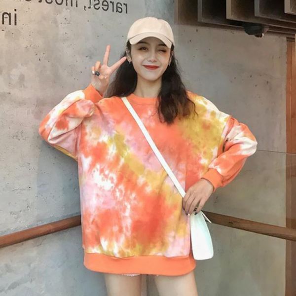 

women tie dye pullover fashion loose crewneck autumn korean long sleeve casual sweatshirt jogging kpop fleece preppy sweatshirts, Black