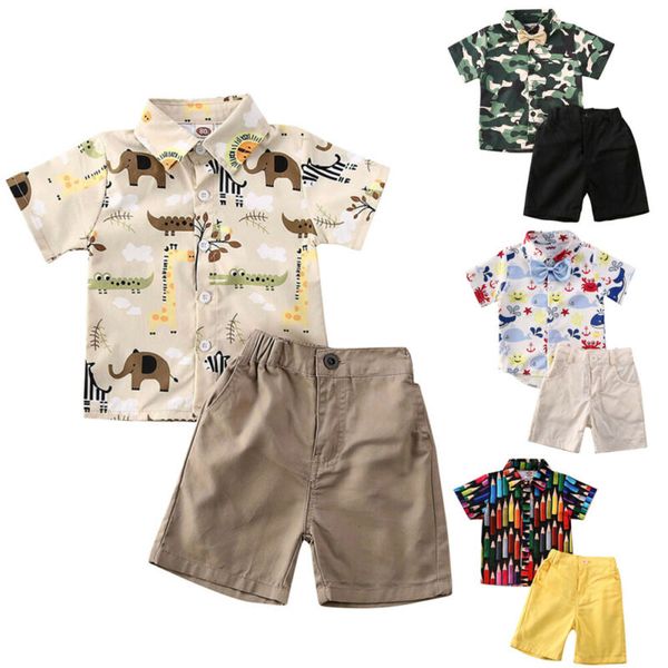 

2pcs toddler kids infant baby boys summer outfits cotton camo cartoon short sleeve t shirt+ short pants clothes sets, White