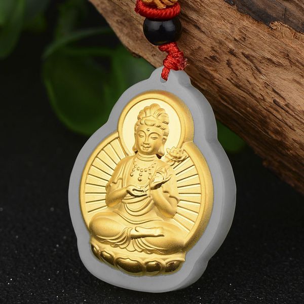 

hetian jade inlaid gold jade pendant necklace buddha gold pendant for men and women fine jewelry, Silver