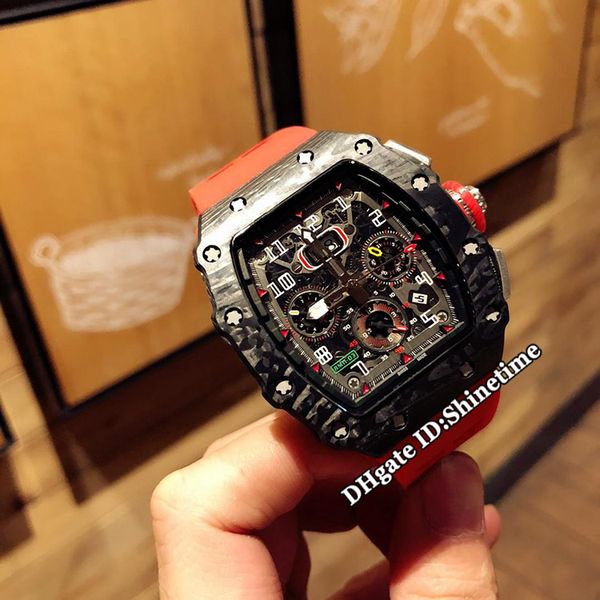 

Luxry new rm11 03rg big date keleton dial miyota automatic rm 11 03 men watch black carbon fiber ca e red rubber trap port watche