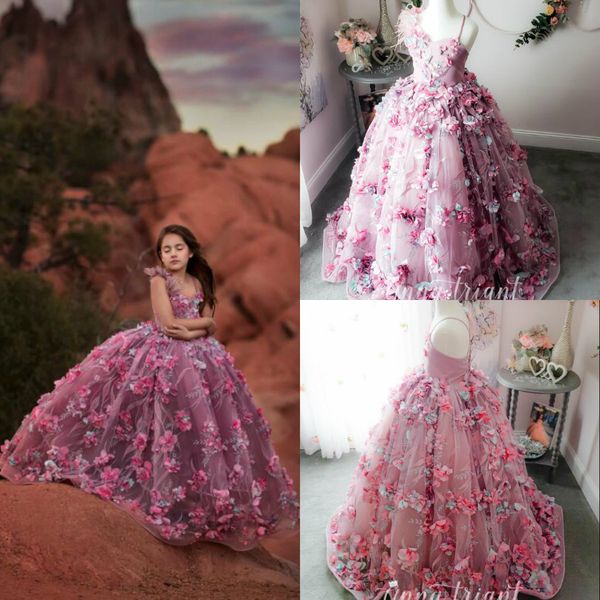 2020 Ball Ball Girls Pageant Vestidos Espaguete Pena Laço 3D Floral Appliqued Flor Menina Vestido Comprimento Do Assoalho Meninas Crianças Vestidos formais