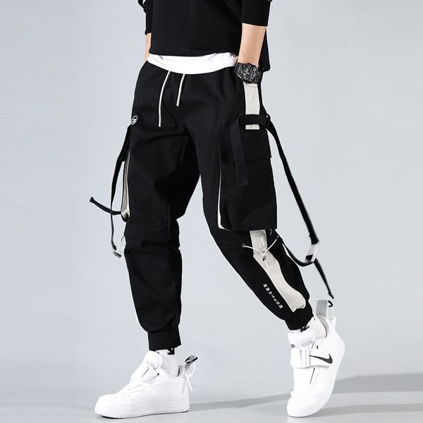 

men's pants spring fashion week men ribbons streetwear cargo hip hop joggers overalls fashions baggy pockets trousers, Black